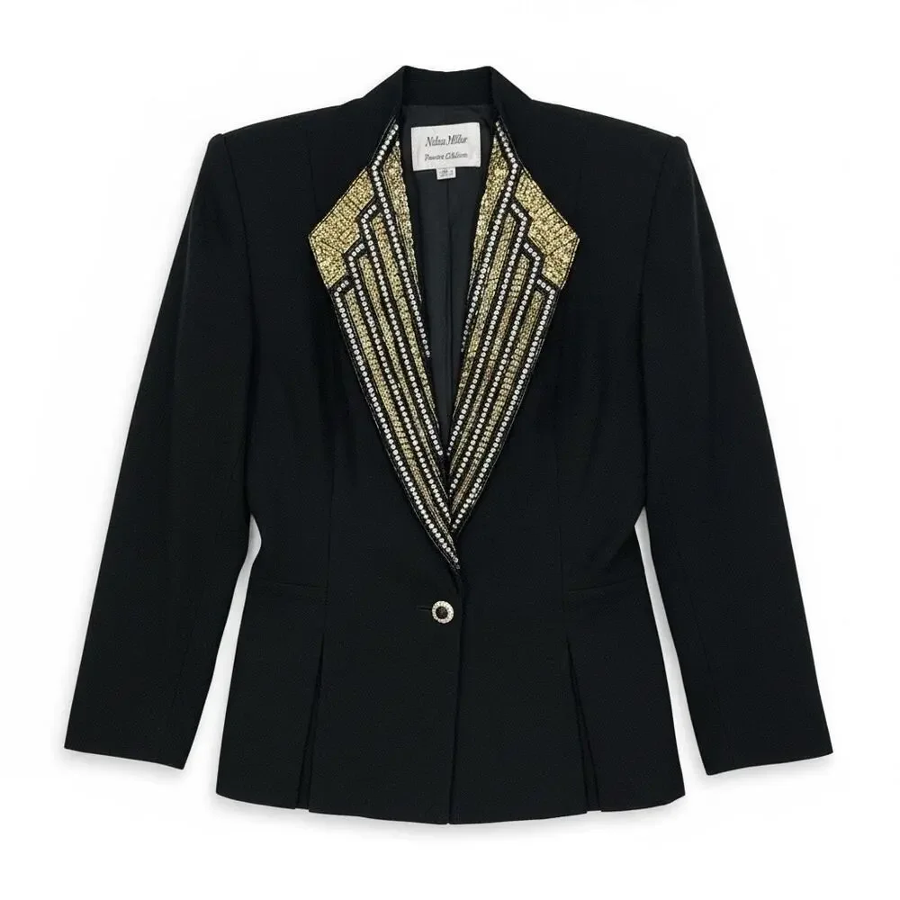 Nolan Miller Vintage Dynasty Blazer Black Beaded Rhinestone Jacket Size 6
